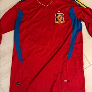 Spain National Team Red Soccer Jersey with Blue Accents